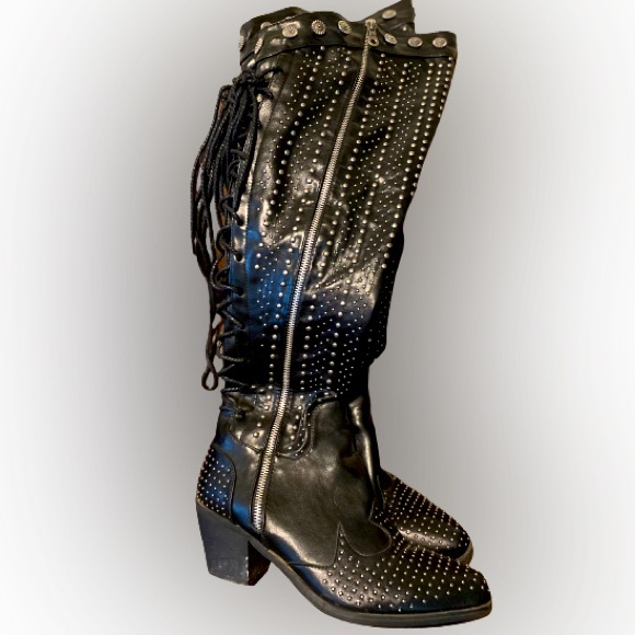 Black Studded Knee High Size 9 boots with Lace up detail and zippers - Picture 1 of 16